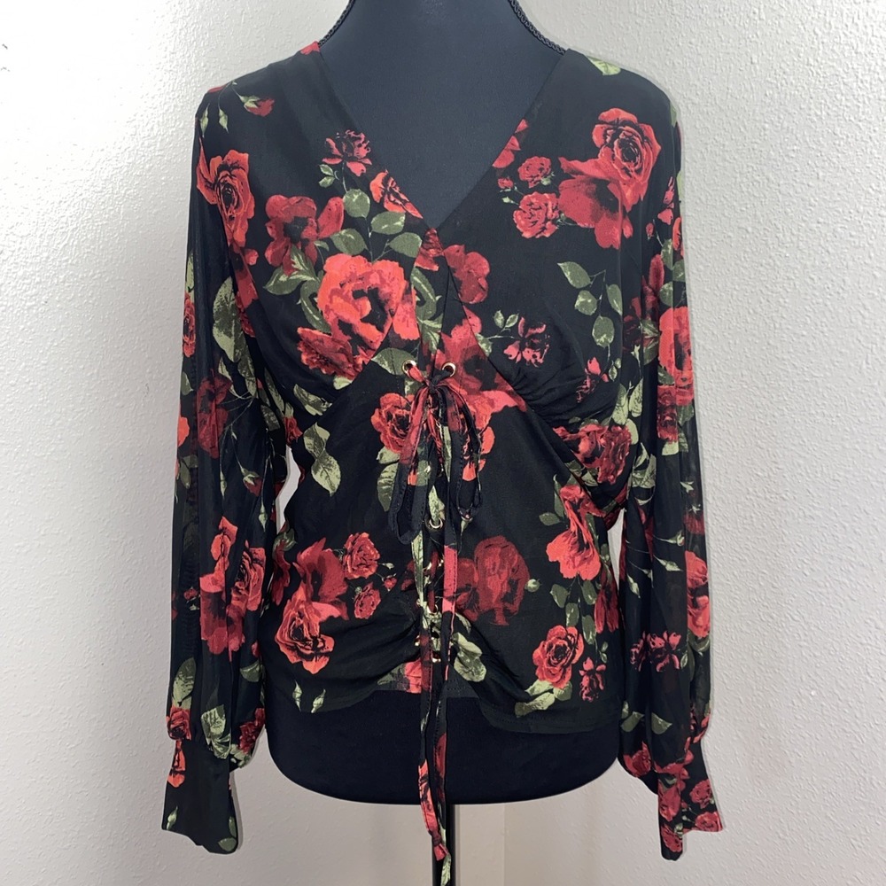 Ember Babydoll Top Women's XL Black Red Dark Floral Cottagecore Fairy Grunge Y2K